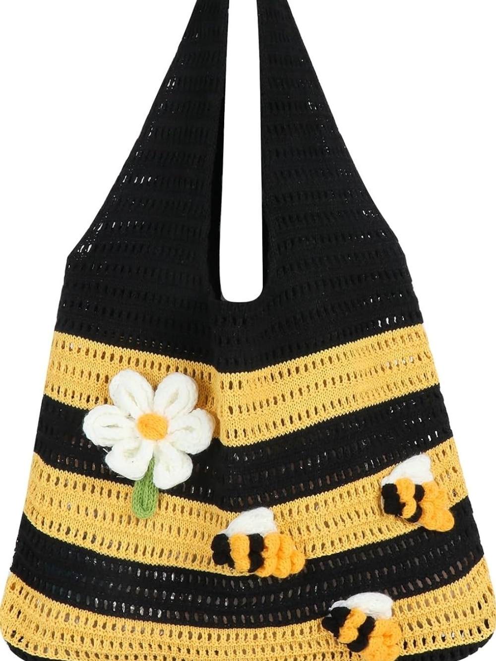 Black & Yellow Crochet Daisy Tote Bag with Bee Appliqués